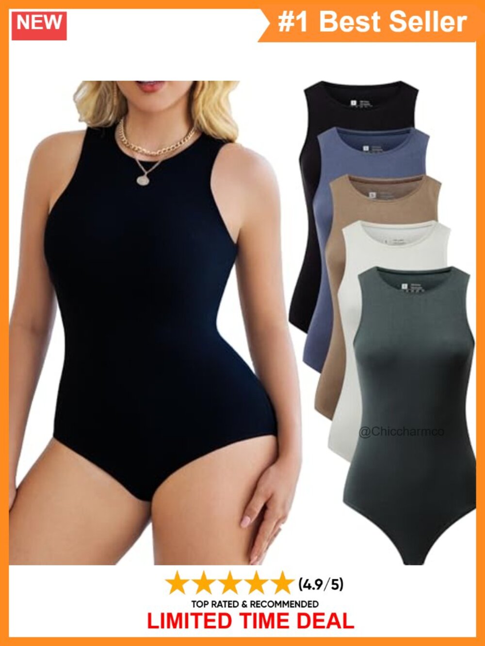 Sleeveless Bodysuits for Women Halter Tank Tops Cotton Blend 5 Pack